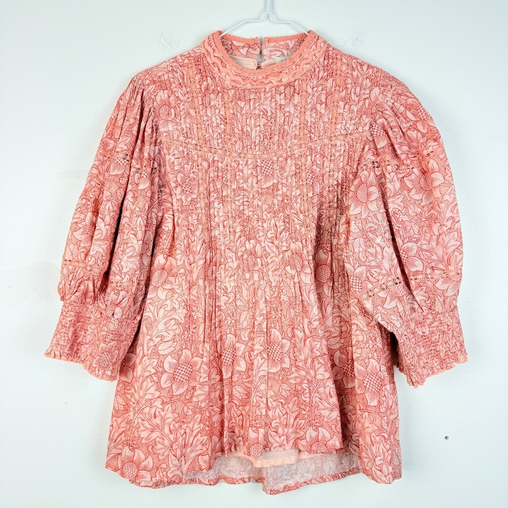 SUNDANCE Boho Smocked Floral Puff Sleeve Tunic Top Peach Coral